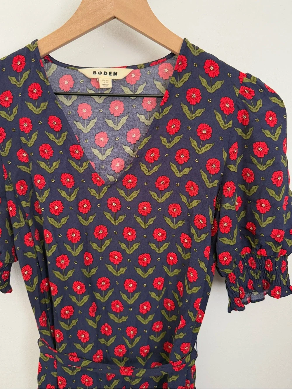 Boden 6 Petite Red Floral Midi Dress Navy Short Sleeve Preppy Cottage Coquette